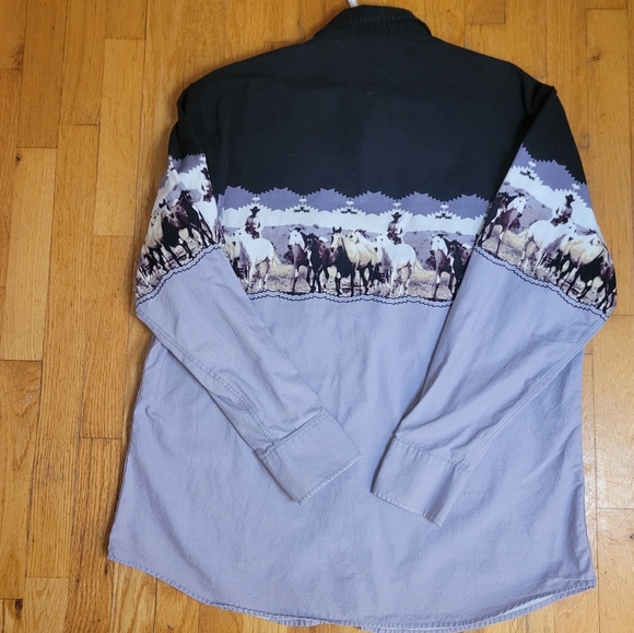 Panhandle Slim Mens Western Shirt XL Blue Panel Horses Pearl Snap Closure - Picture 4 of 7